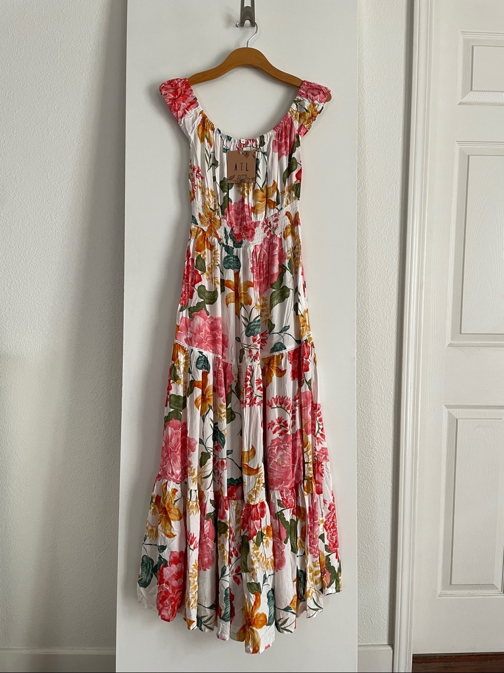 ATL Fit & Flare Soft Rayon Flowy Midi Dress Floral Peach NWT!